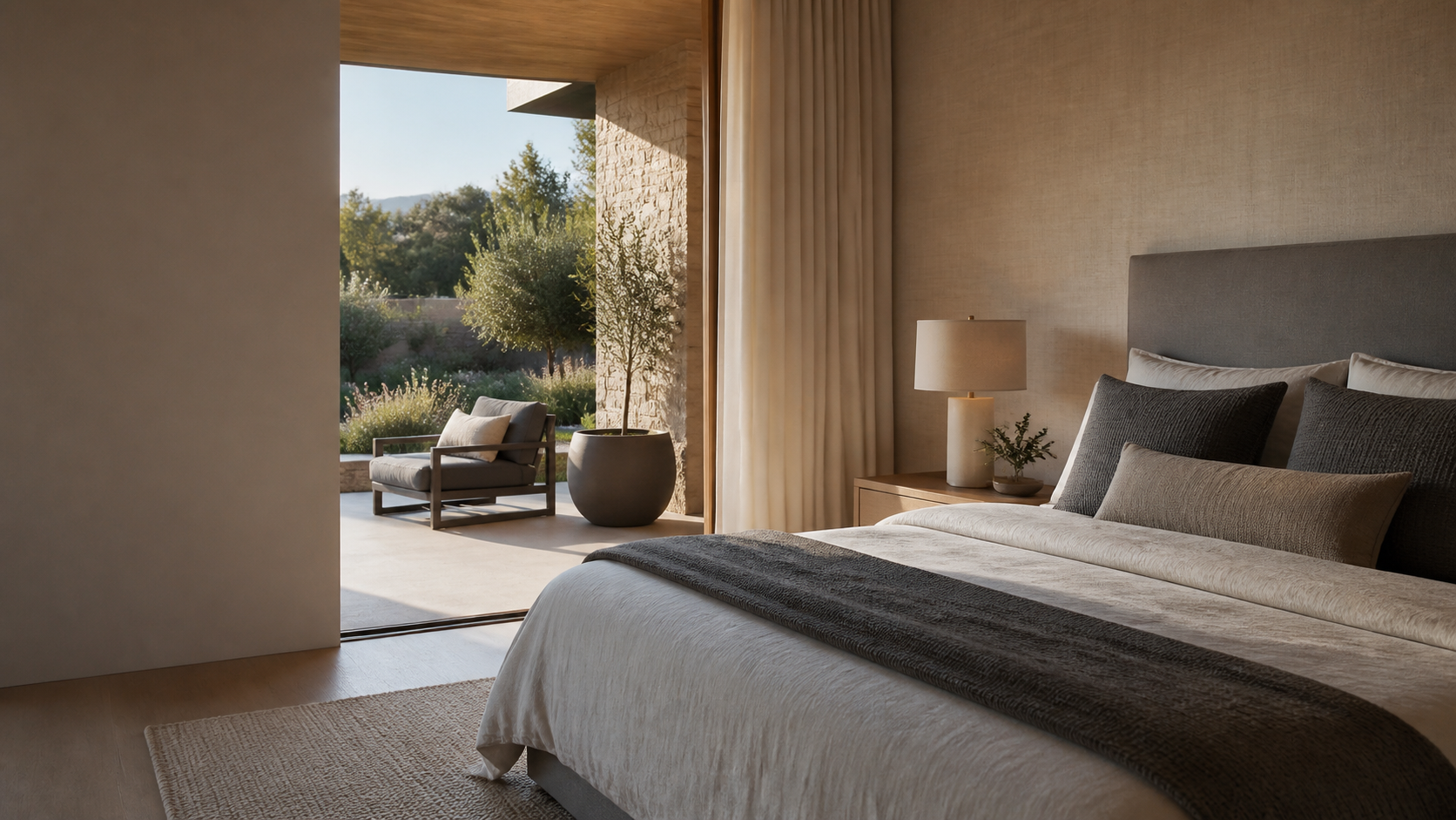 A softly styled bedroom opening onto a calm outdoor terrace